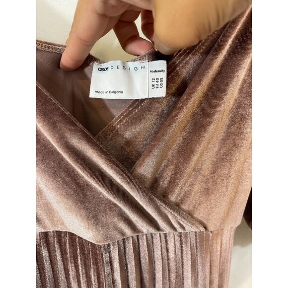 ASOS Maternity Dress Women 8 Velvet Pleat Midi Dusky Pink Holiday Fall Mauve - Picture 8 of 10